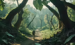 a person walking down a dirt road through trees