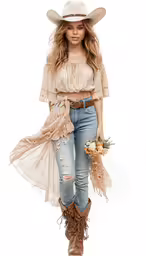 woman in cowboy outfit and hat with long skirt