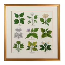 a framed botanical print with different flowers and leaves,an antique botanical print depicting different plants