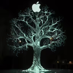 an apple tree with glowing leaves, and a light in the branches