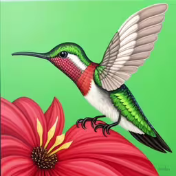 an acrylic painting of a hummingbird sitting on a flower,the painting is made up of a picture of a hummingbird flying over a flower