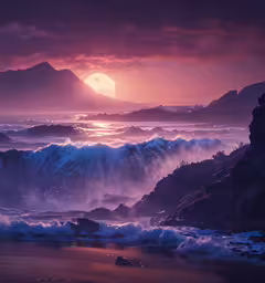 the ocean waves are breaking on top of the rocky cliffs,a purple sky with a wave crashing towards shore