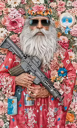 a painting of an old man holding a shotgun