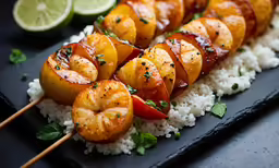 a small black plate holding grilled shrimp with rice and lime