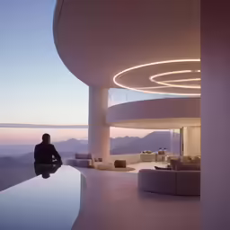a person sitting in a circular room with mountains and trees in the background