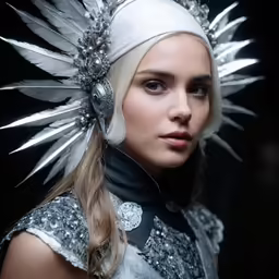 a woman with feathers and metal on her head