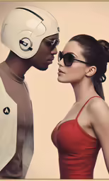 a man and woman with a helmet on