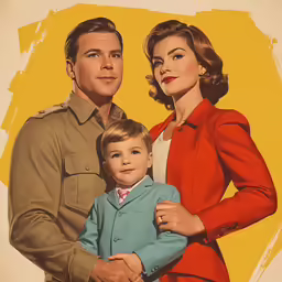 a drawing of a man and woman and a child, against a yellow background