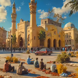 a group of people sitting on the ground next to a car