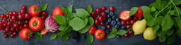 several fruits and vegetables arranged in a row