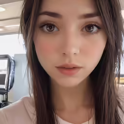 a girl with brown hair and some beige lipstick