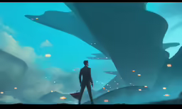 an animated man standing in front of a blue sky
