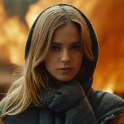 a woman in a hoodie staring at something