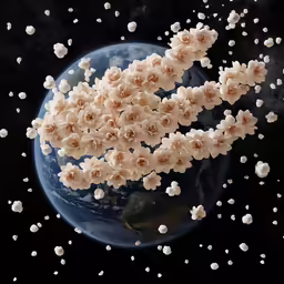 a group of flowers floating on top of a blue planet