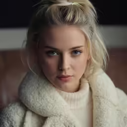 a blonde haired woman with a soft white coat