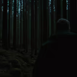 the man in the black jacket is walking in the dark woods