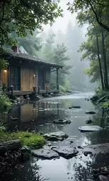 a small building in the middle of some water