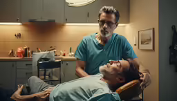 a man sitting in front of a person that is laying down