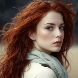 a red haired girl with a scarf around her neck