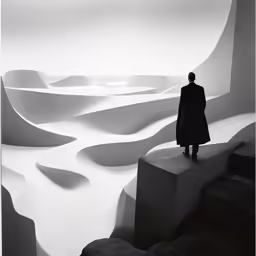 a man in a coat is standing at the top of a mountain