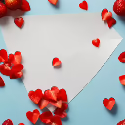 strawberry hearts scattered about a sheet of paper