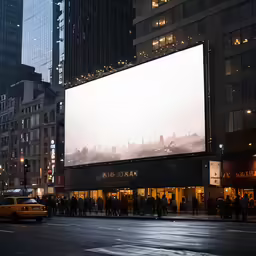 there are many people standing outside the building with big screens