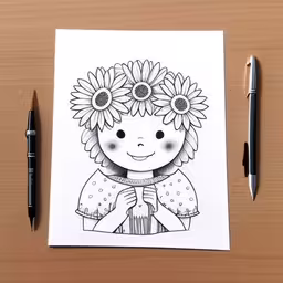 an art print of a girl with flowers in her hair and two eyes,drawing with pencils and paper on a table