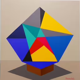 an abstract colored drawing of a triangular structure,a painting that appears to be in abstract manner,a painting with different colors of shapes and sizes,a colorful painting is shown with white space,a colorful piece of art sitting in a room