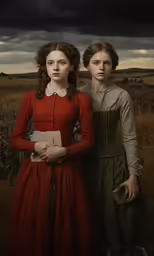 two women in dresses are standing next to each other