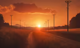 a dirt road leads into the sunset through a field