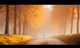 a man walks on a road through a foggy park