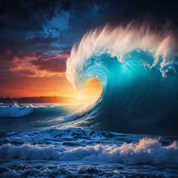 a very big wave in the ocean on a cloudy day,a blue wave is breaking with sun setting in the background