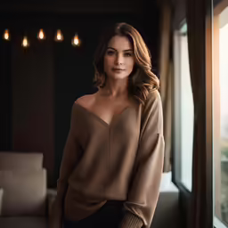 a woman standing by a window wearing a sweater