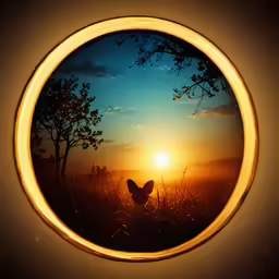 a view of the setting sun in the forest