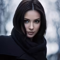 a woman in black coat and scarf in trees
