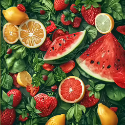 a painting of watermelon, lemons, strawberries and strawberries with leaves