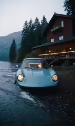 a very nice car sitting in a very dark puddle