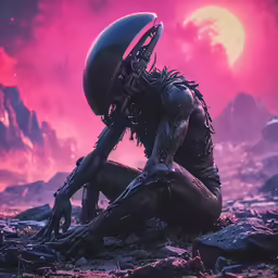 a alien man sits on rocks in front of the mountain