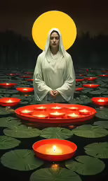 a person standing in water surrounded by a light