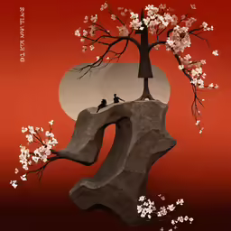 two people standing on a cliff beneath a blossoming tree