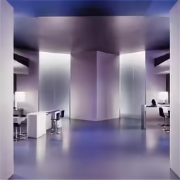 there is a room with a purple background and white chairs