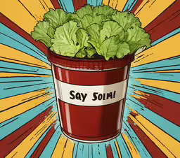 a red flower pot sitting on top of a blue and yellow wall,a potted plant with leaves on it with a saying say sorry