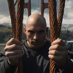 a balding man holding ropes next to a bridge