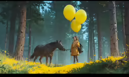 a woman holding a horse while being pulled by balloons