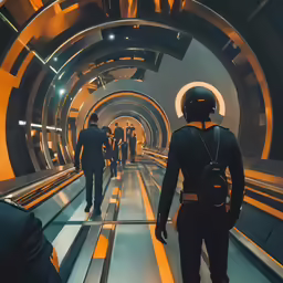 a group of people walk down a sci - fi corridor