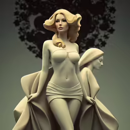 a woman is in a white underwear next to some statue