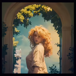 the girl with long red hair is wearing a beige dress