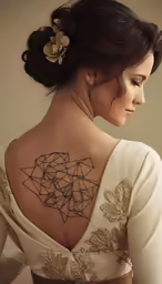 a woman in a dress has a tattoo on her back