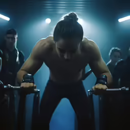 the woman with dumbbells is looking at camera