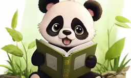 a panda bear that is sitting down reading a book